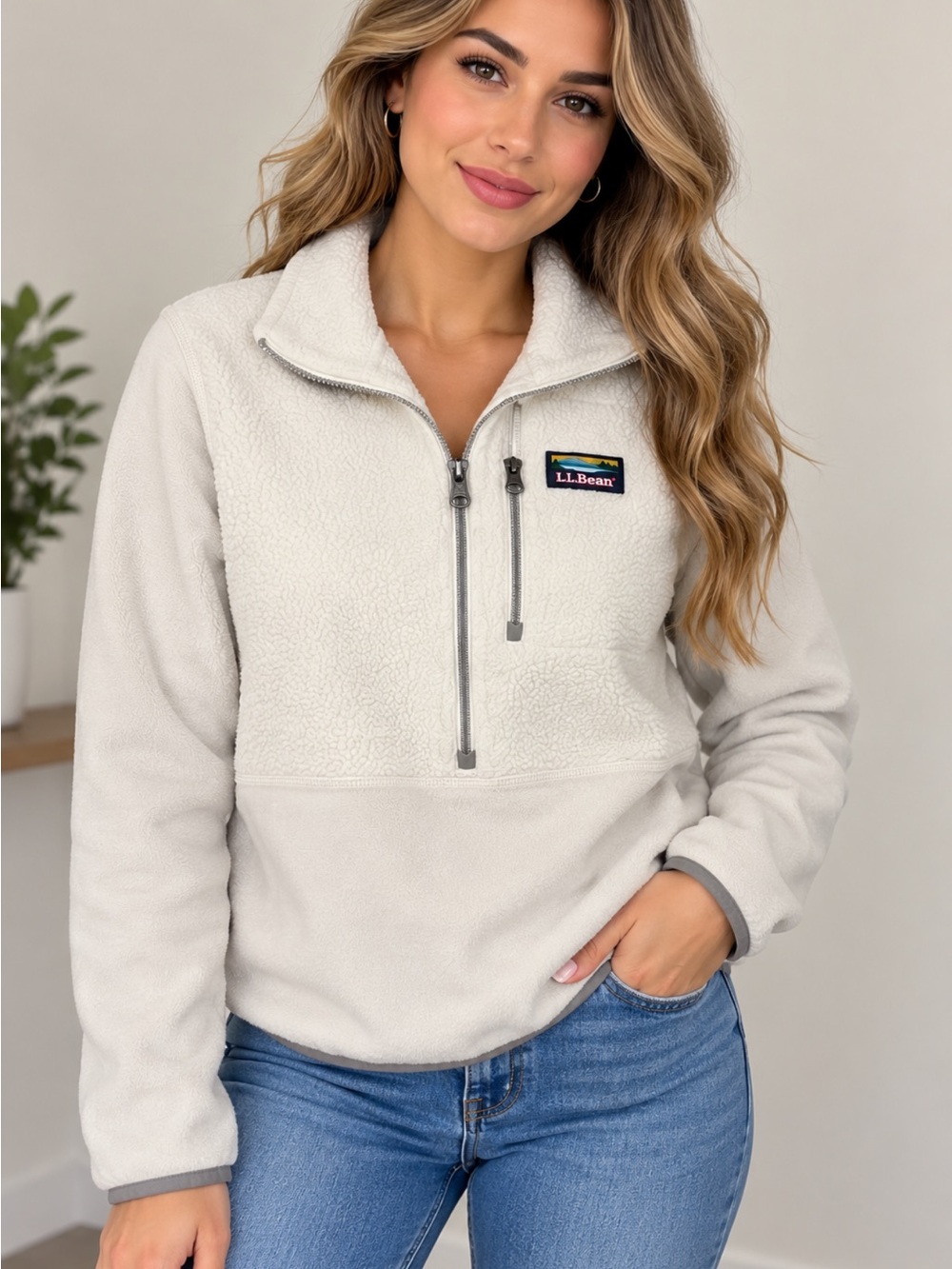 L.L. Bean Women's Cream Sherpa Half-Zip Pullover Jacket